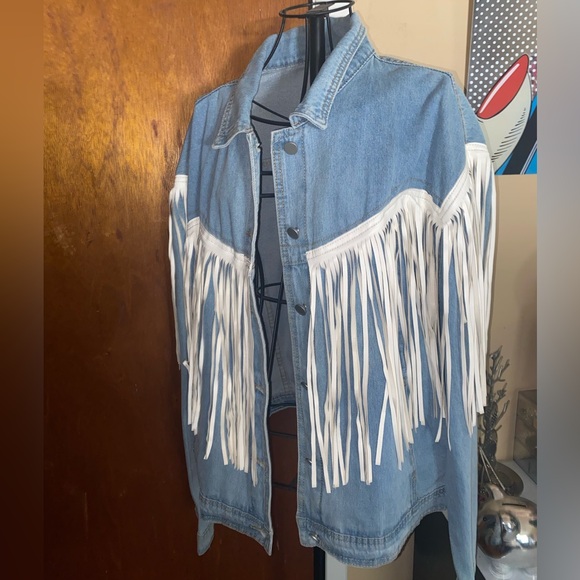 SHEIN Jackets & Blazers - SHEIN Blue Jean Jacket with White Fringe